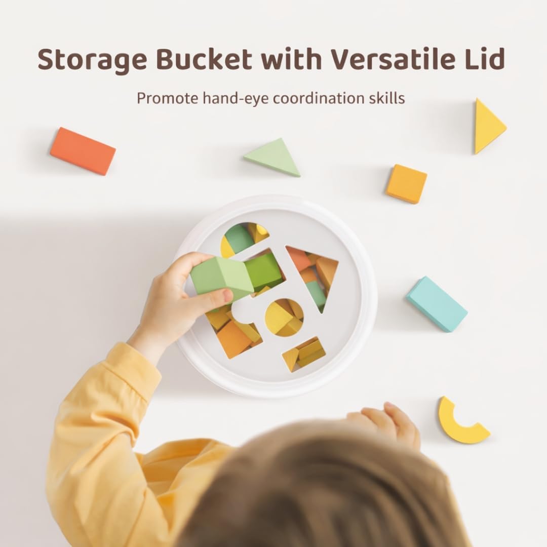 100 Pcs Building Blocks for Toddlers 1-3, Kids Wooden Blocks & Shape Sorter