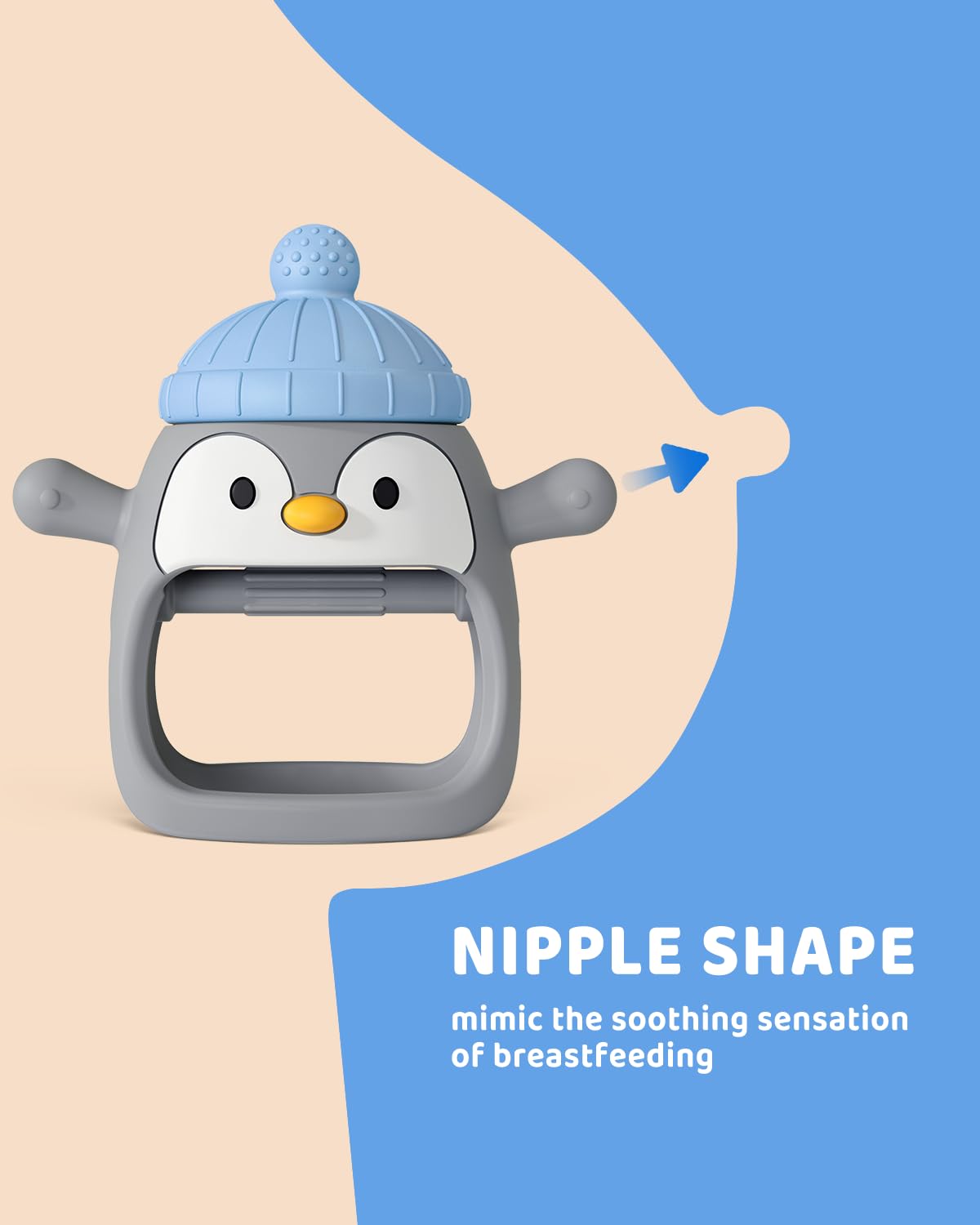 ChooKaChoo Penguin Baby Teething Toys for 3-12 Months, Silicone Teething Mitten with Pacifier-Shaped Chew Arms, Wearable No-Drop Hand Teether for Teething Relief, BPA Free (2 Pack)