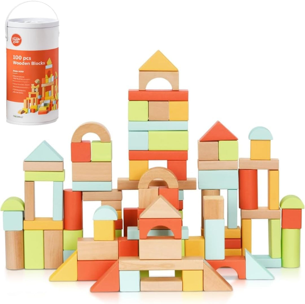 100 Pcs Building Blocks for Toddlers 1-3, Kids Wooden Blocks & Shape Sorter