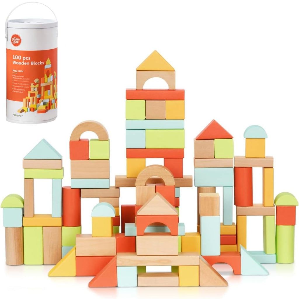 100 Pcs Building Blocks for Toddlers 1-3, Kids Wooden Blocks & Shape Sorter