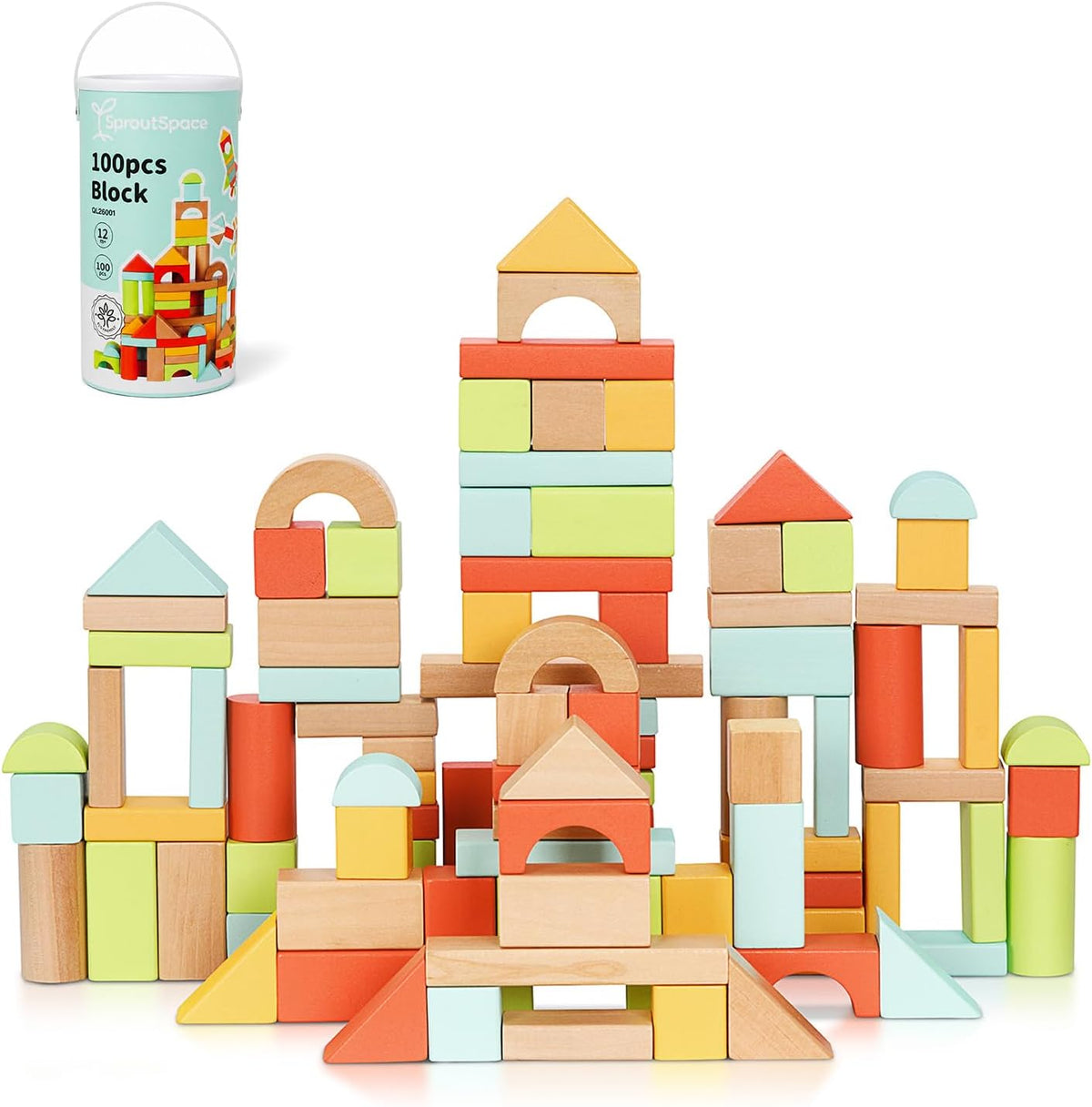 100pcs Wooden Blocks for Toddlers 1-3, with Storage Bucket