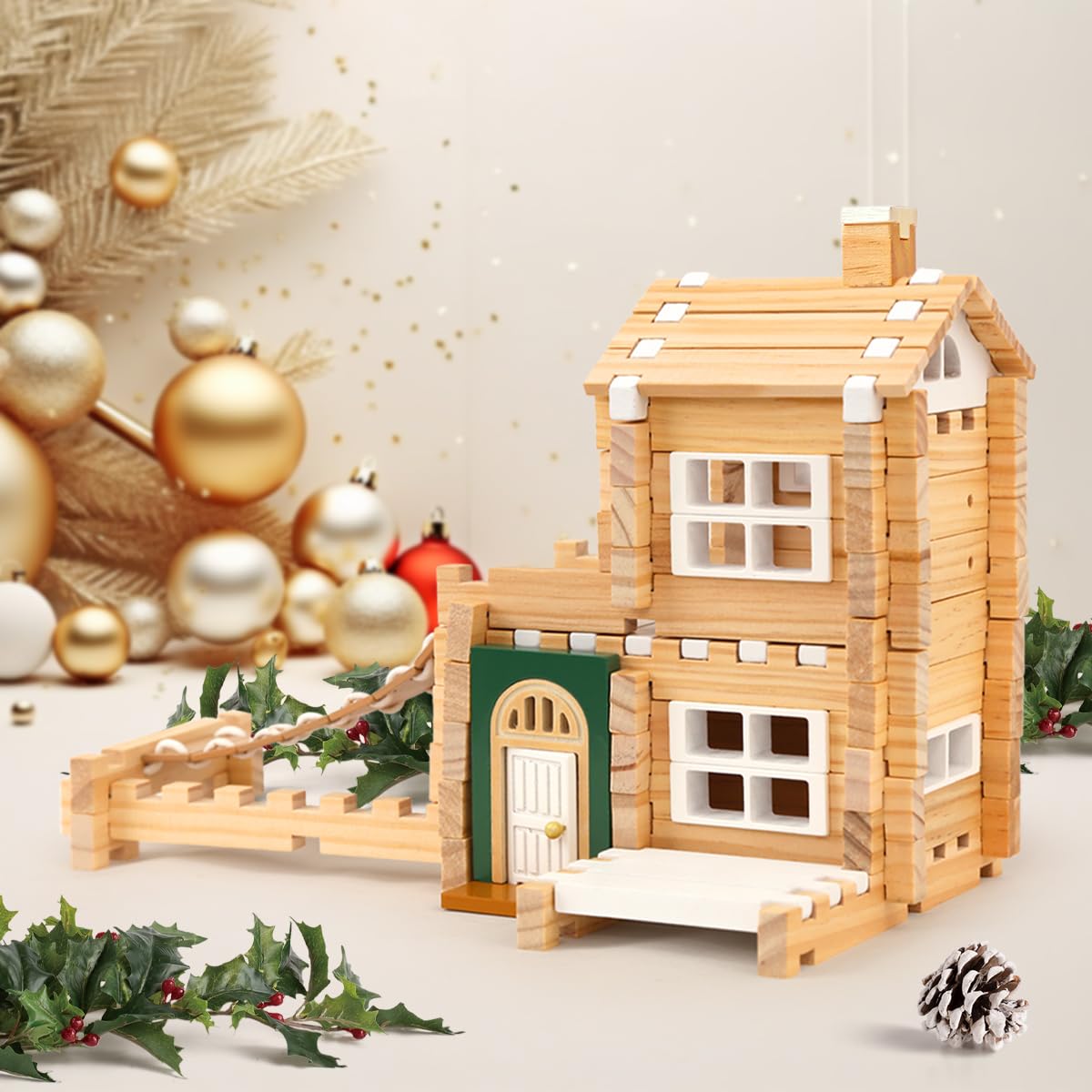 Jovi-Mindly & Notchies 96 PCS Wooden Building Blocks Toy Set for Kids Ages 4+ Boys Girls, Creative Construction Imaginative Cabin House with Storage Bag STEM Educational Learning Toy for Birthday Gift
