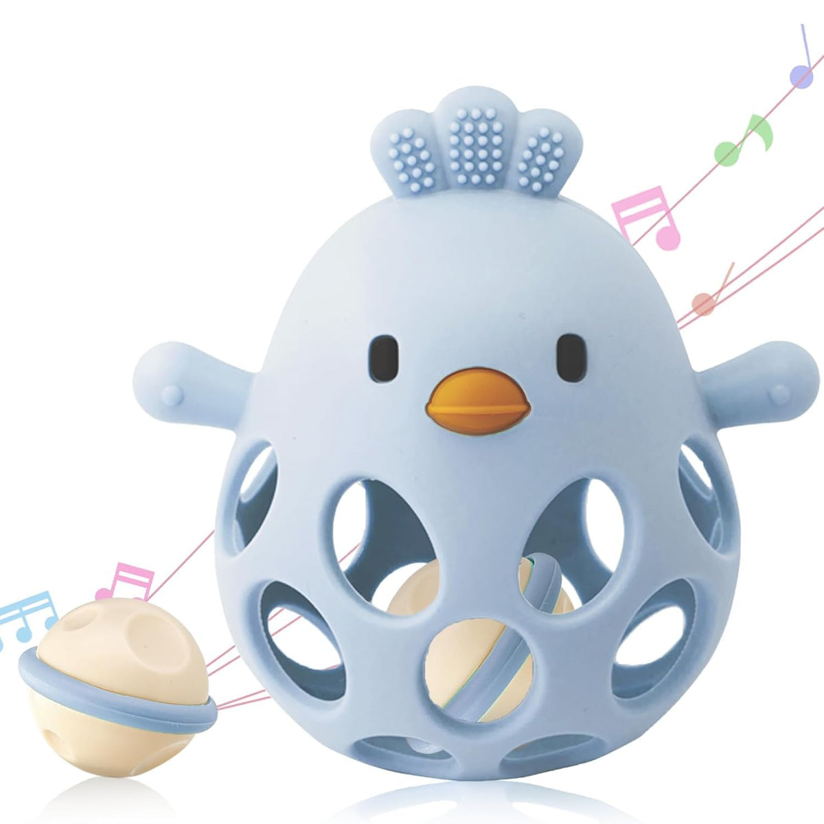 ChooKaChoo 2-in-1 Baby Teething Rattle Toy, Sensory Grasping Teether for Infants 3-12 Months, 100% Food-Grade Silicone, Easy to Hold, Soothing & Developmental, BPA Free (Blue)