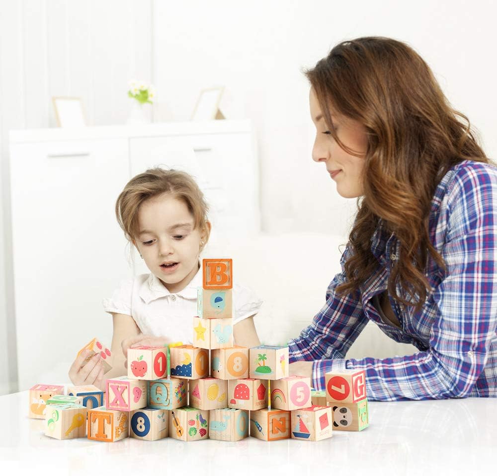 ABC Wooden Building Blocks for Toddlers 1-3 Large, 26 PCS Alphabet & Number Stacking Blocks, Educational Learning Toys for Boys Girls Kids Gifts 1.65''