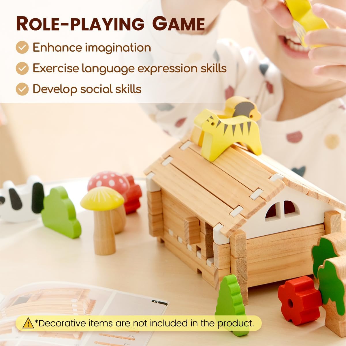 Jovi-Mindly & Notchies 96 PCS Wooden Building Blocks Toy Set for Kids Ages 4+ Boys Girls, Creative Construction Imaginative Cabin House with Storage Bag STEM Educational Learning Toy for Birthday Gift