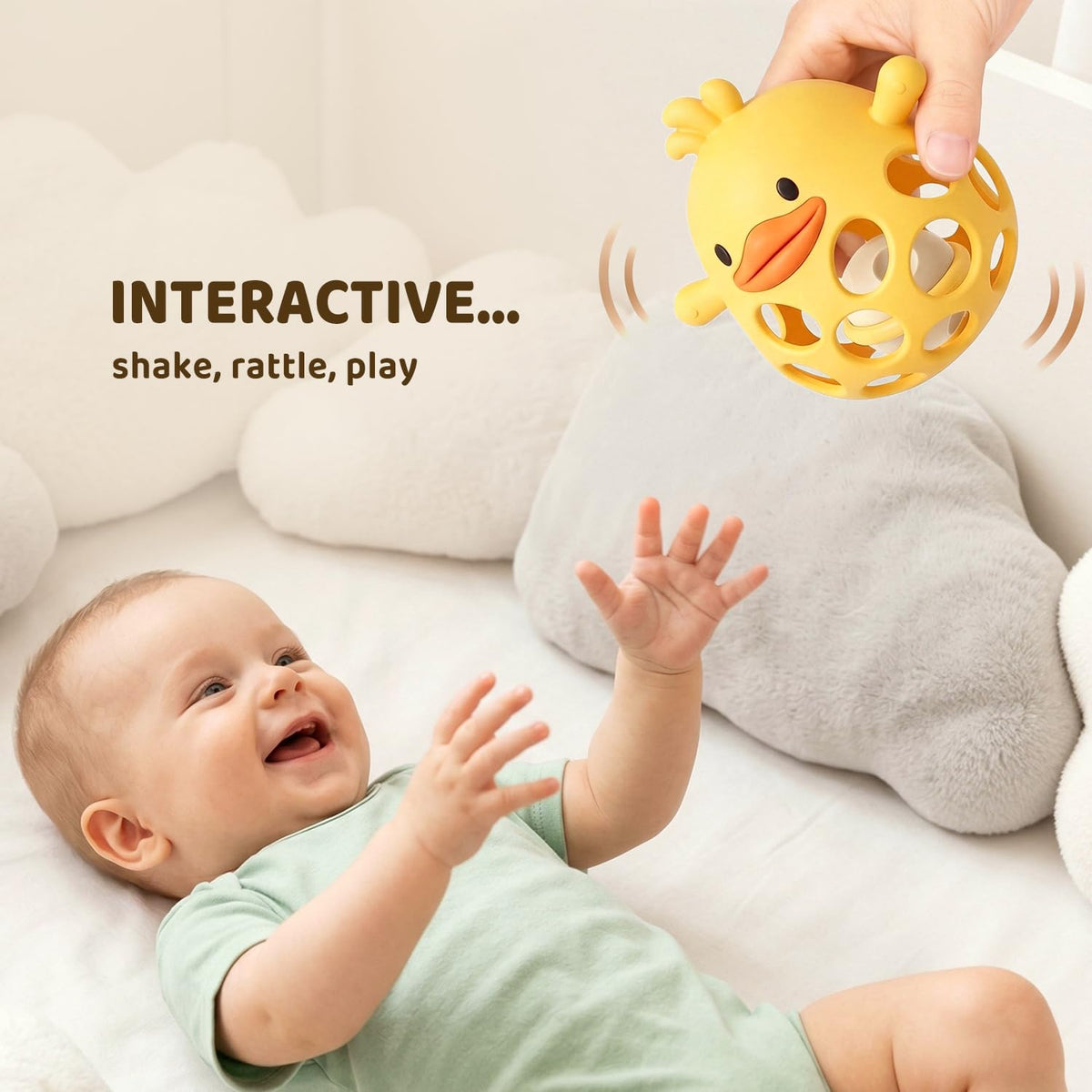 ChooKaChoo 2-in-1 Baby Teething Rattle Toy, Sensory Grasping Teether for Infants 3-12 Months, 100% Food-Grade Silicone, Easy to Hold, Soothing & Developmental, BPA Free (Duckie)