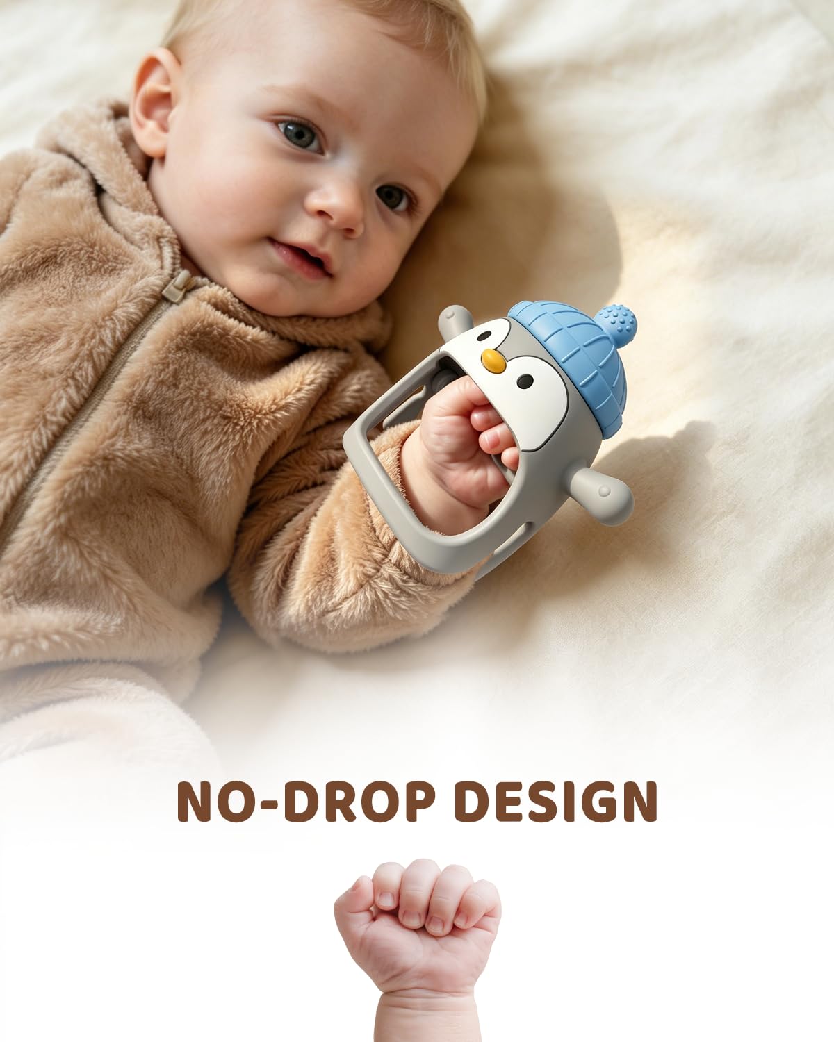 ChooKaChoo Penguin Baby Teething Toys for 3-12 Months, Silicone Teething Mitten with Pacifier-Shaped Chew Arms, Wearable No-Drop Hand Teether for Teething Relief, BPA Free (2 Pack)