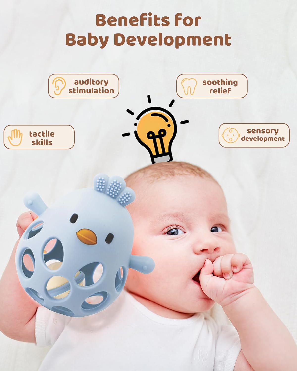 ChooKaChoo 2-in-1 Baby Teething Rattle Toy, Sensory Grasping Teether for Infants 3-12 Months, 100% Food-Grade Silicone, Easy to Hold, Soothing & Developmental, BPA Free (Blue)