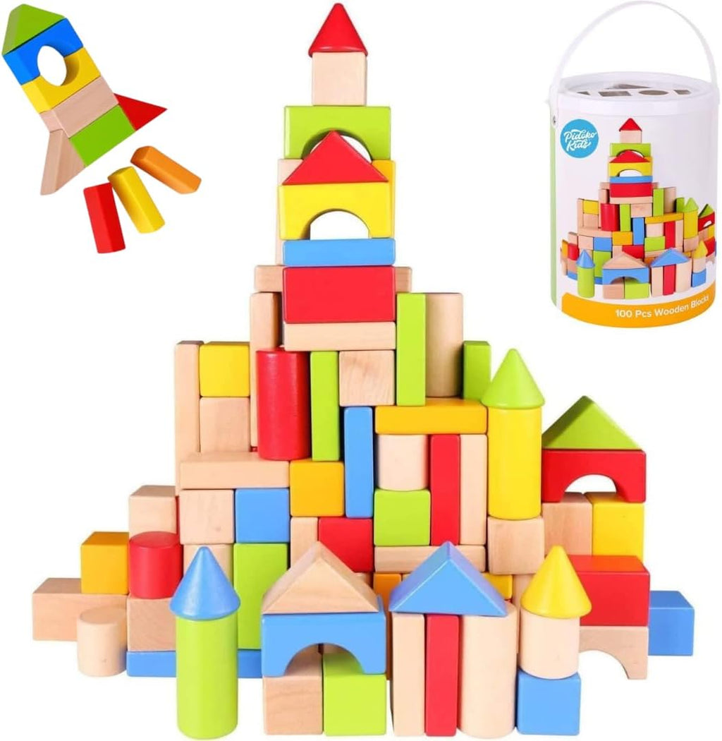 Pidoko Kids Building Blocks for Toddlers 1-3, 100 Pcs Wooden Blocks