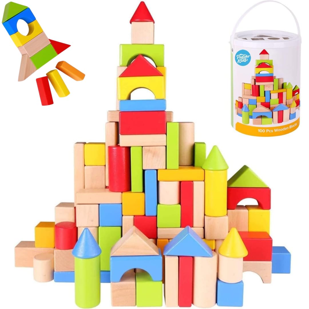 100 Pcs Wooden Blocks for Toddlers 1-3 Building Blocks for Kids