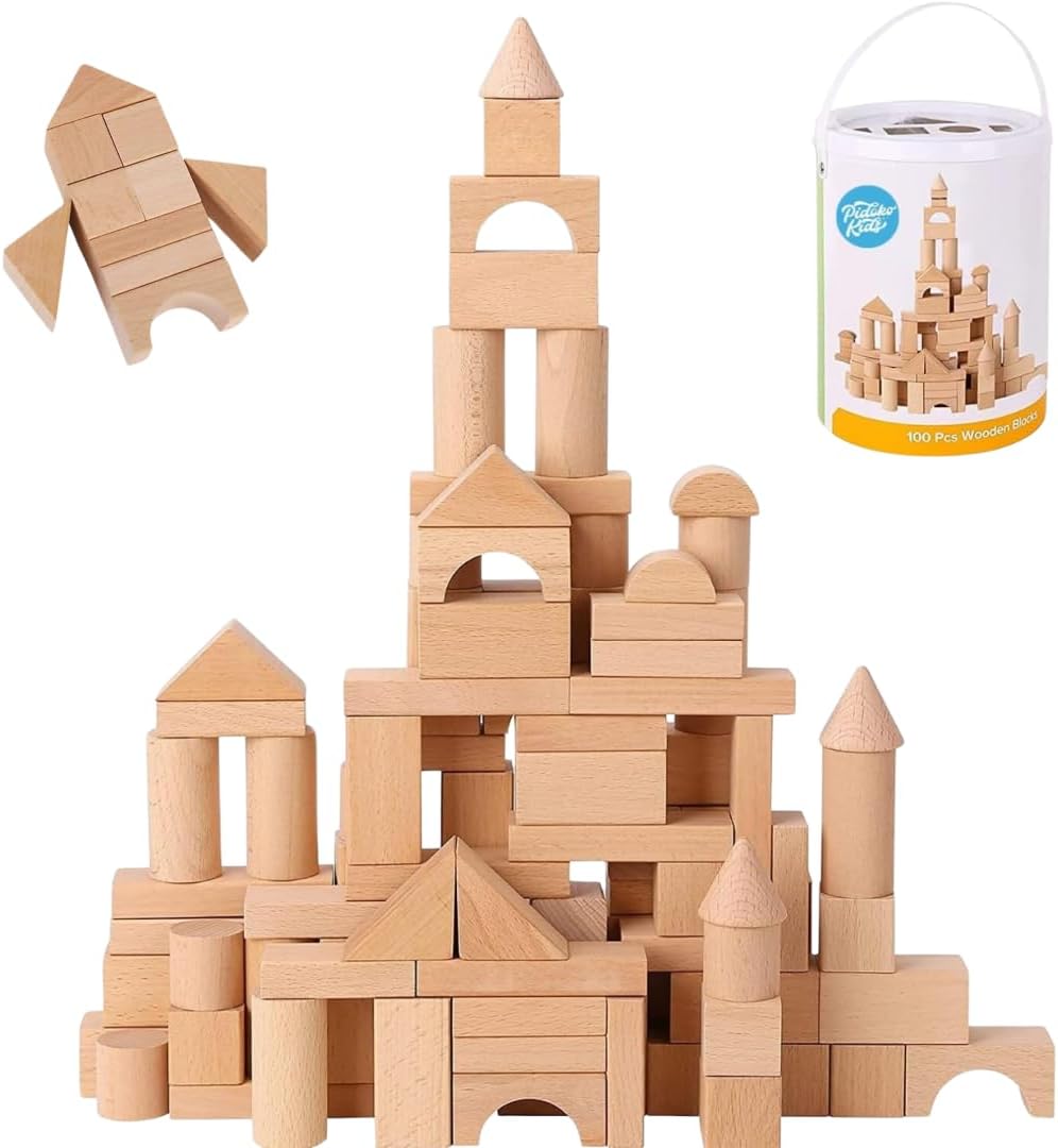 100 Pcs Wooden Blocks for Toddlers 1-3 Building Blocks for Kids