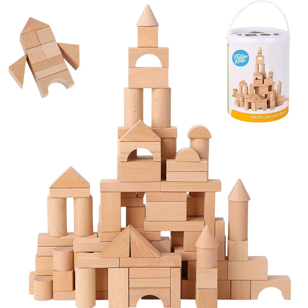 Pidoko Kids Building Blocks for Toddlers 1-3, 100 Pcs Wooden Blocks