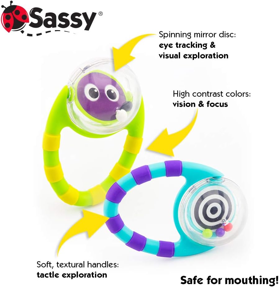 Sassy Flip & Grip Rattle | Value 2 Pack | Developmental Toy with Rattle Beads | Spinning Discs with Mirror | For Ages 3 Months and Up