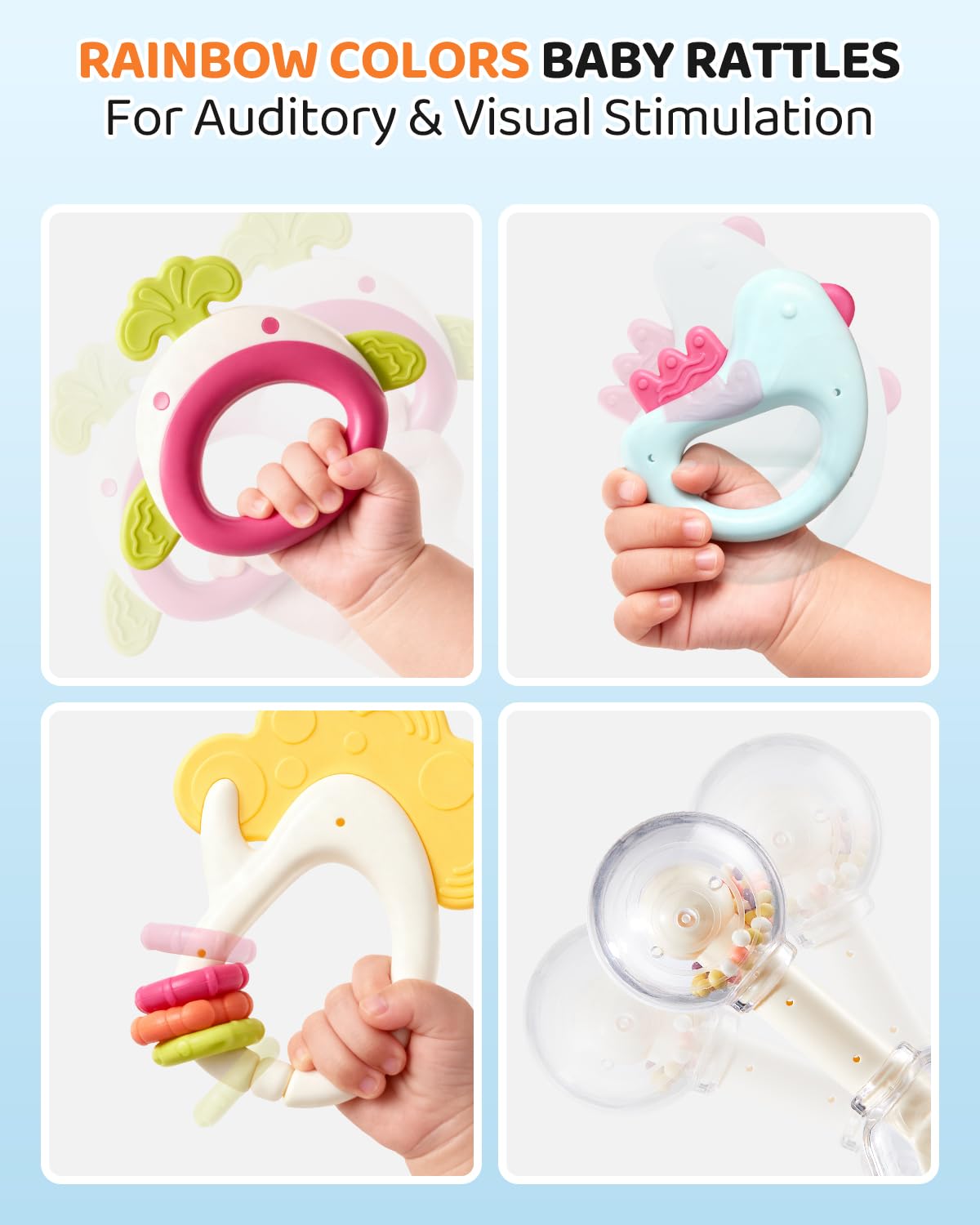 10pcs Baby Rattles & Teethers Set for 0-12 Months, Infant Sensory Toys, Easy Grasp Hand Toys, BPA-Free Teething Toys with Different Shapes, Sounds, Colors & Textures, Newborn Gift with Box