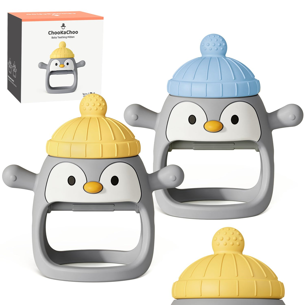 ChooKaChoo Penguin Baby Teething Toys for 3-12 Months, Silicone Teething Mitten with Pacifier-Shaped Chew Arms, Wearable No-Drop Hand Teether for Teething Relief, BPA Free (2 Pack)