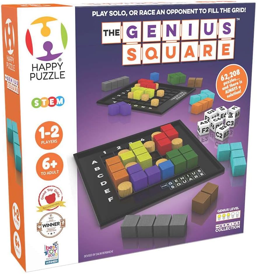 The Genius Square from the Happy Puzzle Company | Game of the Year Award Winner | 60000+ Solutions | STEM Puzzle Game for 1-2 Players | Ages 6 - Adult | Roll the dice and Race to Fill the Grid!