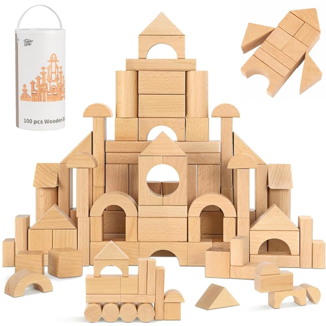 100 Pcs Building Blocks for Toddlers 1-3, Kids Wooden Blocks & Shape Sorter