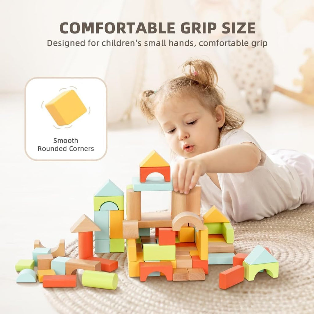 100 Pcs Building Blocks for Toddlers 1-3, Kids Wooden Blocks & Shape Sorter