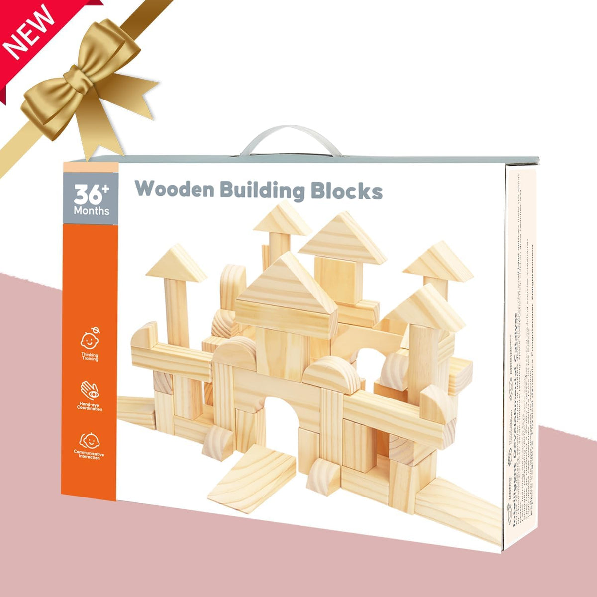 Large Wood Building Blocks with Wooden Storage Tray, 64-Piece Hardwood Sorting & Stacking Toys for Building & Balancing, Educational Preschool Learning Toys for 3+ Year Old Boy and Girl Gifts