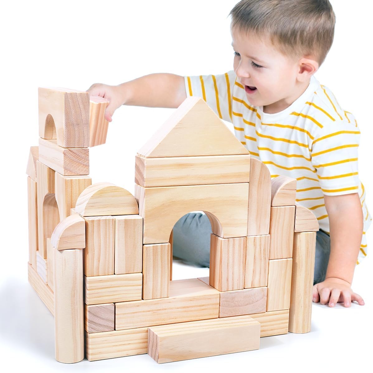 Large Wood Building Blocks with Wooden Storage Tray, 64-Piece Hardwood Sorting & Stacking Toys for Building & Balancing, Educational Preschool Learning Toys for 3+ Year Old Boy and Girl Gifts