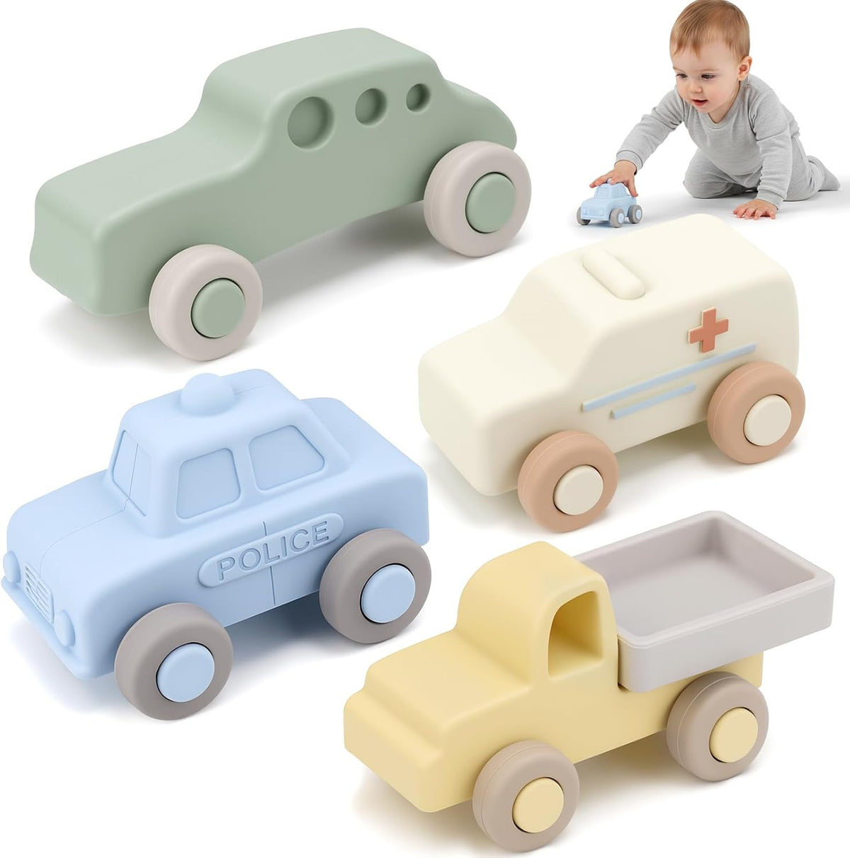 Silicone Baby Car Toys with Storage Box, Push & Pull Baby Toys（4 PCS）