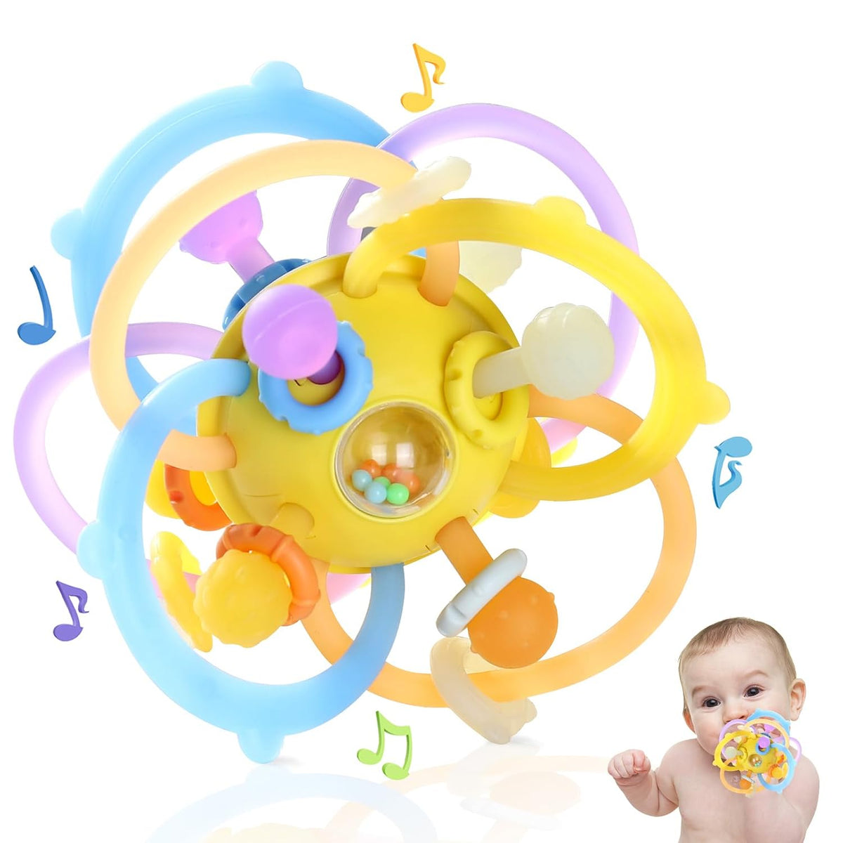 Baby Rattle Ball Teething Toys for 0 3 6 9 12 18 Months Boys Girls, Yellow