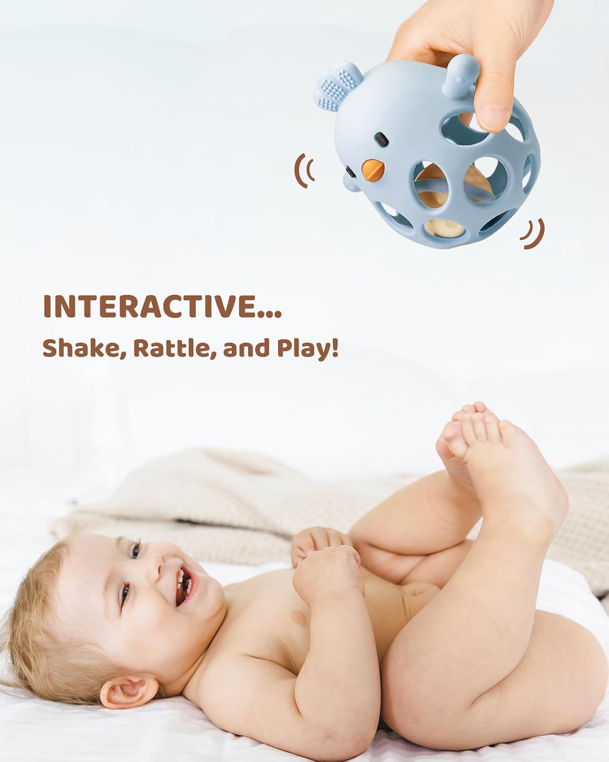 ChooKaChoo 2-in-1 Baby Teething Rattle Toy, Sensory Grasping Teether for Infants 3-12 Months, 100% Food-Grade Silicone, Easy to Hold, Soothing & Developmental, BPA Free (Blue)