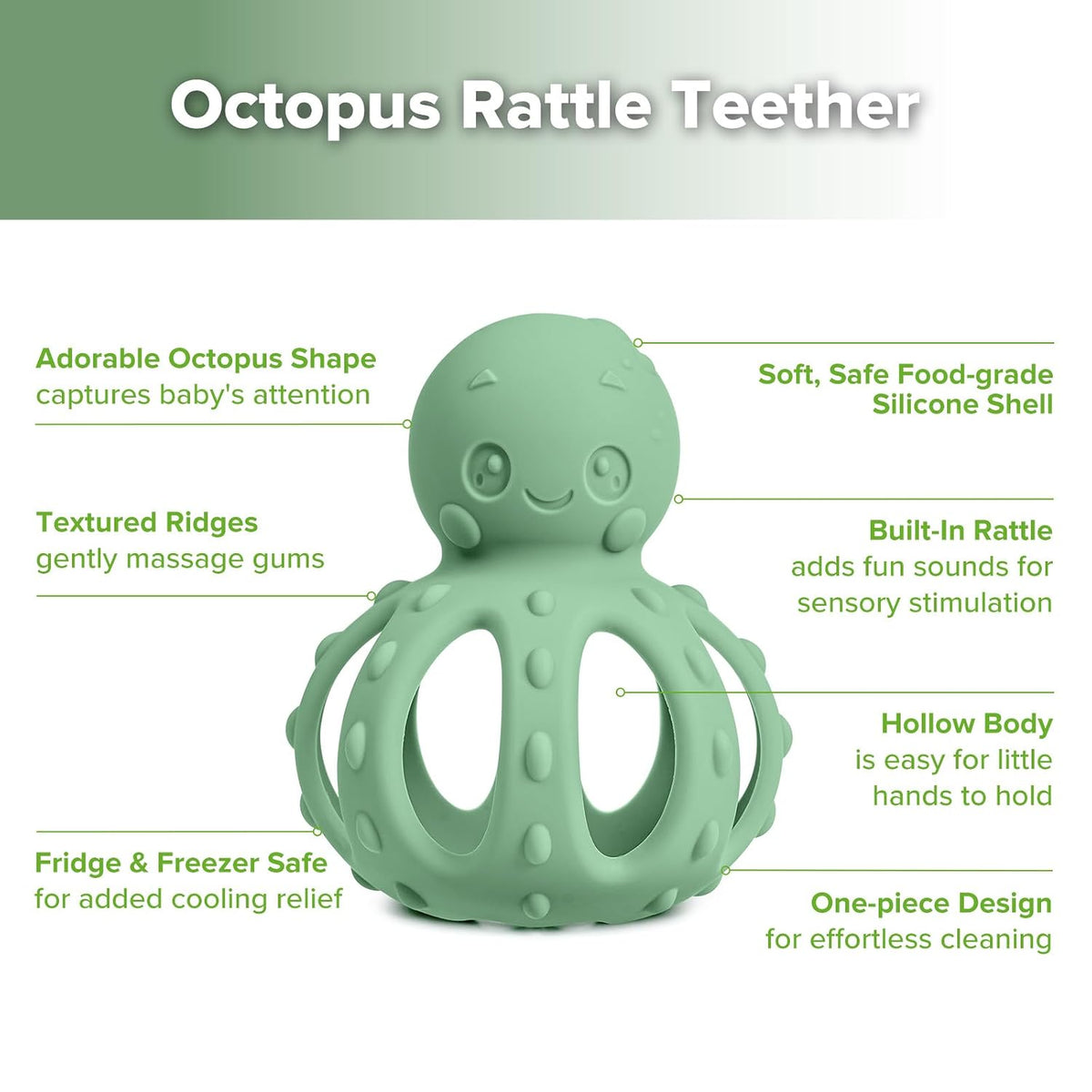 haakaa Octopus Rattle Teether for Babies 3M+, 2-in-1 Baby Teething Toy