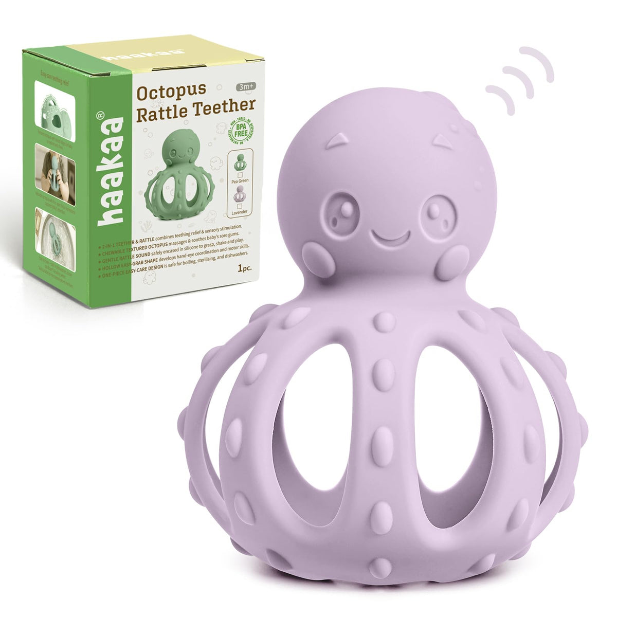 haakaa Octopus Rattle Teether for Babies 3M+, 2-in-1 Baby Teething Toy