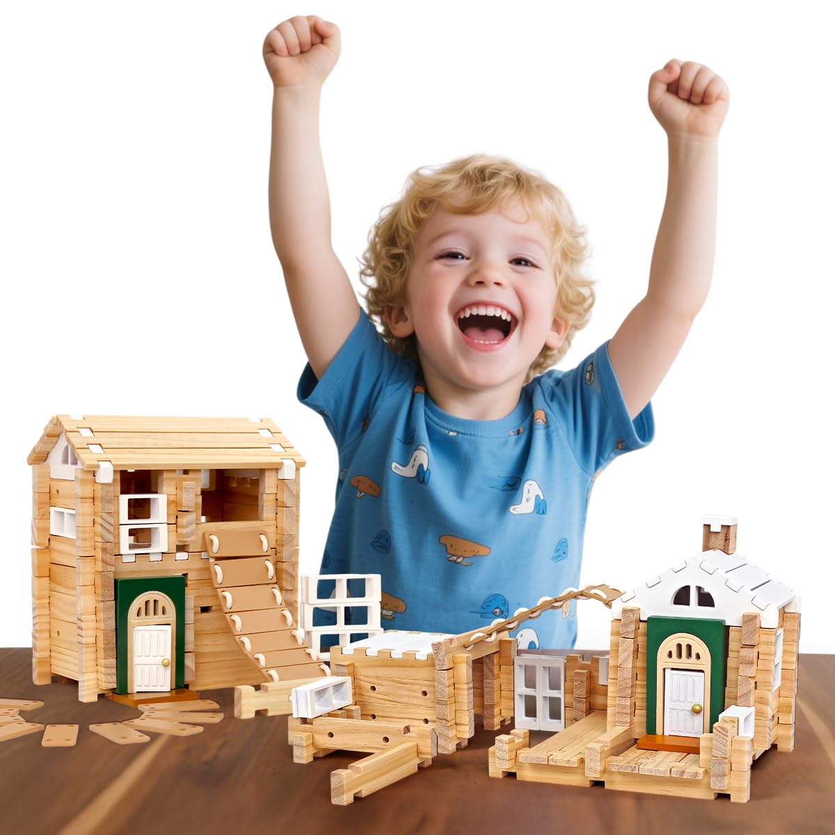 Jovi-Mindly & Notchies 96 PCS Wooden Building Blocks Toy Set for Kids Ages 4+ Boys Girls, Creative Construction Imaginative Cabin House with Storage Bag STEM Educational Learning Toy for Birthday Gift
