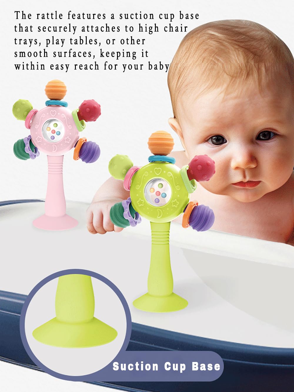 Baby Teether Toys for Babies 0 3 6 9 12 18 Months,Baby Rattle Toys,Baby Sensory Toy for 0-6 6-12 Months, Montessori Early Education,Manhattan Ball,Grasp Training Toy,Suction Cup Toys(Pink)