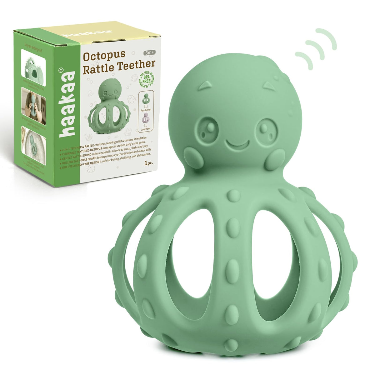 haakaa Octopus Rattle Teether for Babies 3M+, 2-in-1 Baby Teething Toy