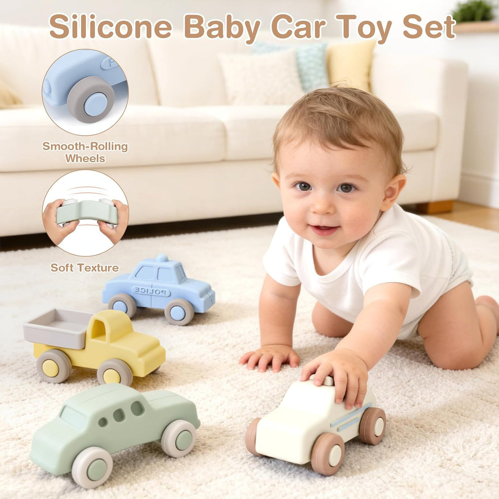 Silicone Baby Car Toys with Storage Box, Push & Pull Baby Toys（4 PCS）