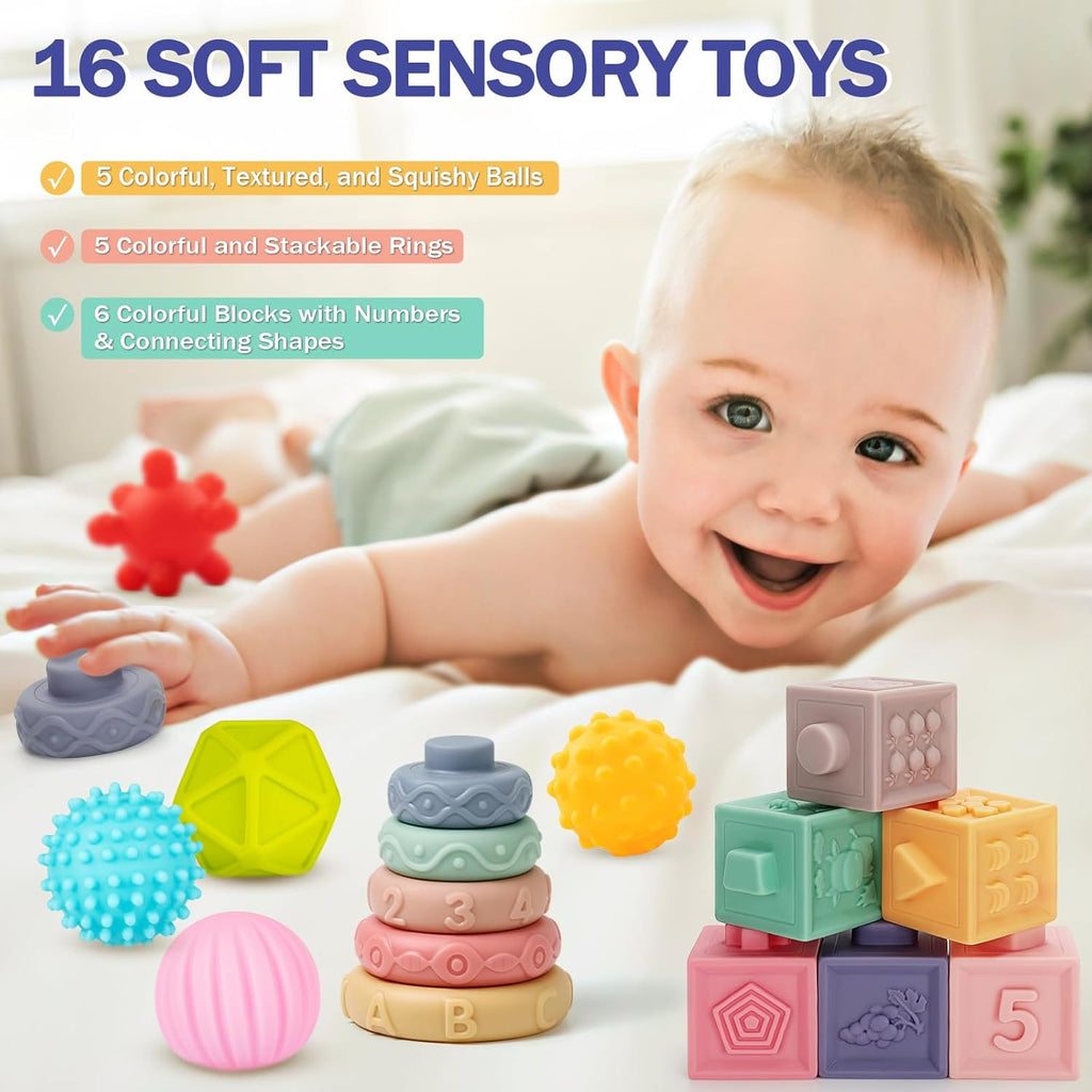 Baby Toys 6 to 12 Months, 5 In 1 Montessori Toys for 1 Year Old, Incl Travel Pull String Toy & Rattle Teether & Stacking Baby Block & Soft Infant Ring & Sensory Ball for Toddler 0-3-6-9-12 Month