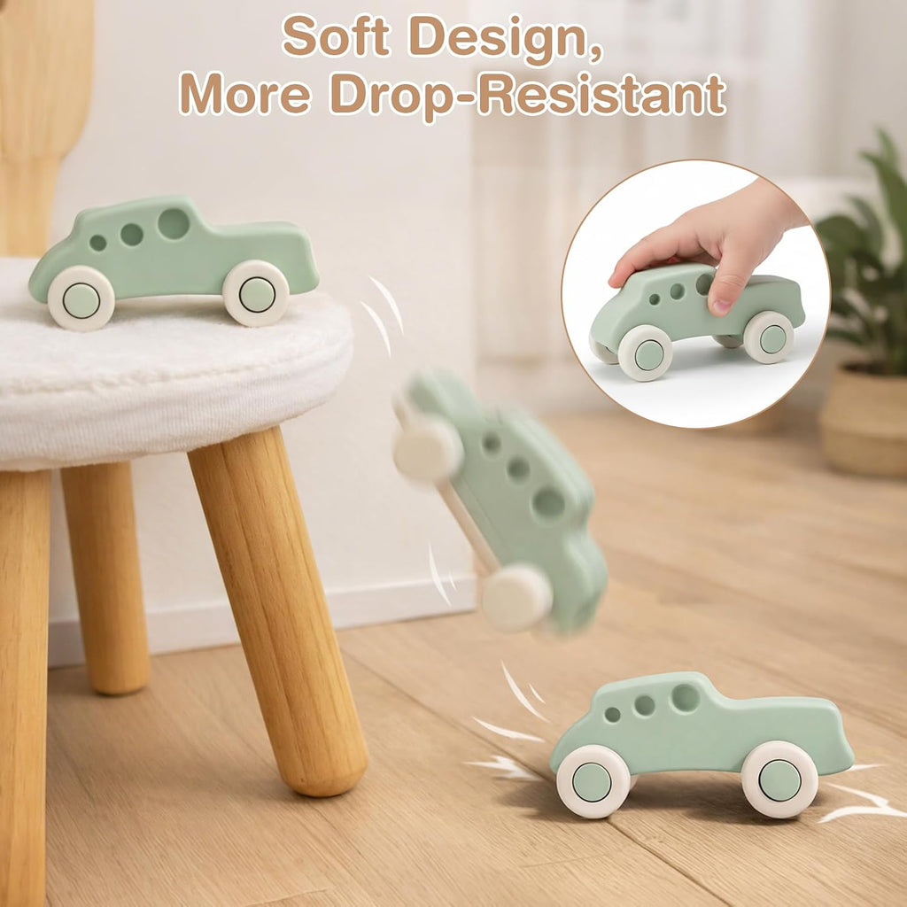 Silicone Baby Car Toys with Storage Box, Push & Pull Baby Toys（4 PCS）
