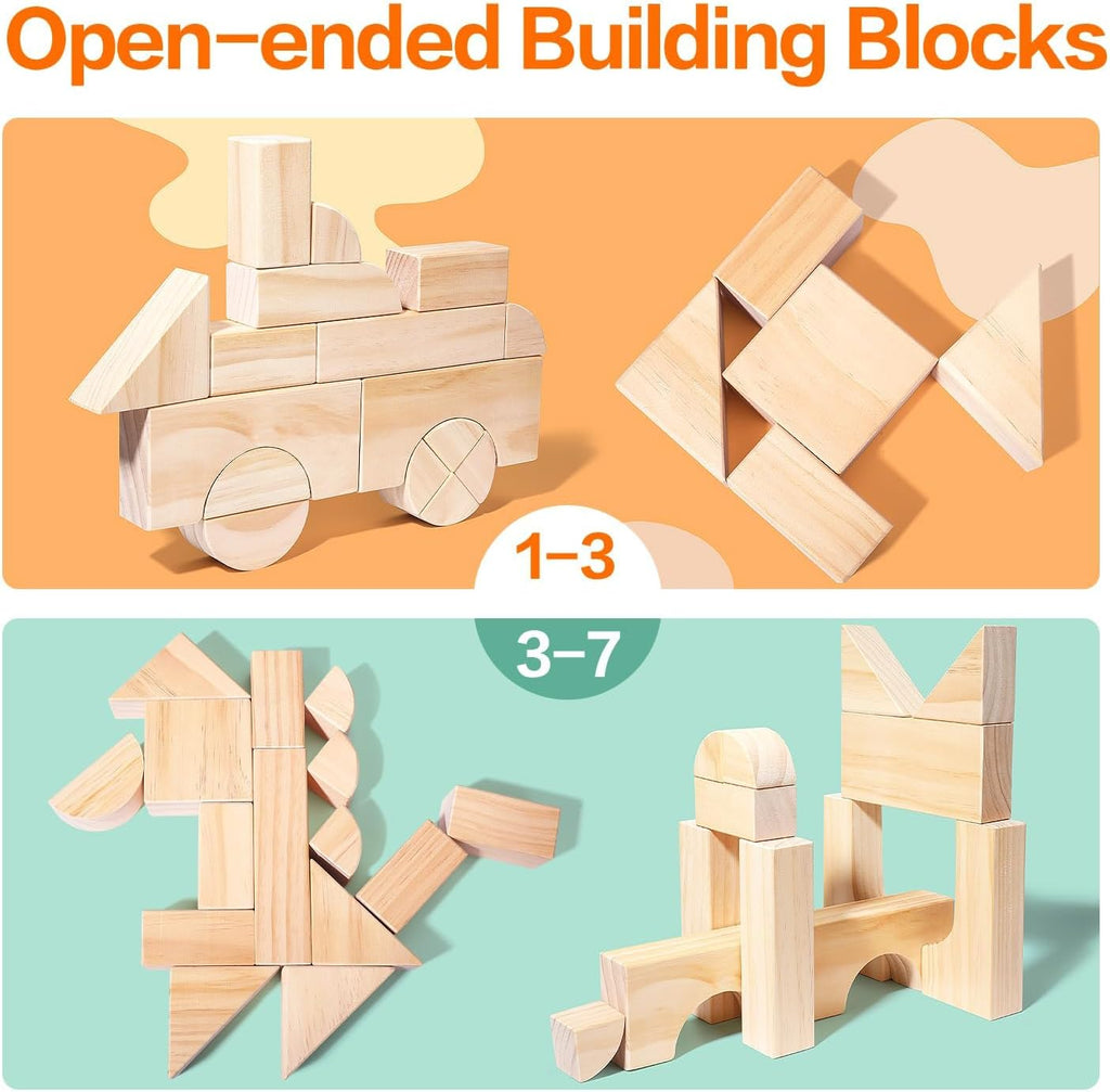 Large Wood Building Blocks with Wooden Storage Tray, 64-Piece Hardwood Sorting & Stacking Toys for Building & Balancing, Educational Preschool Learning Toys for 3+ Year Old Boy and Girl Gifts