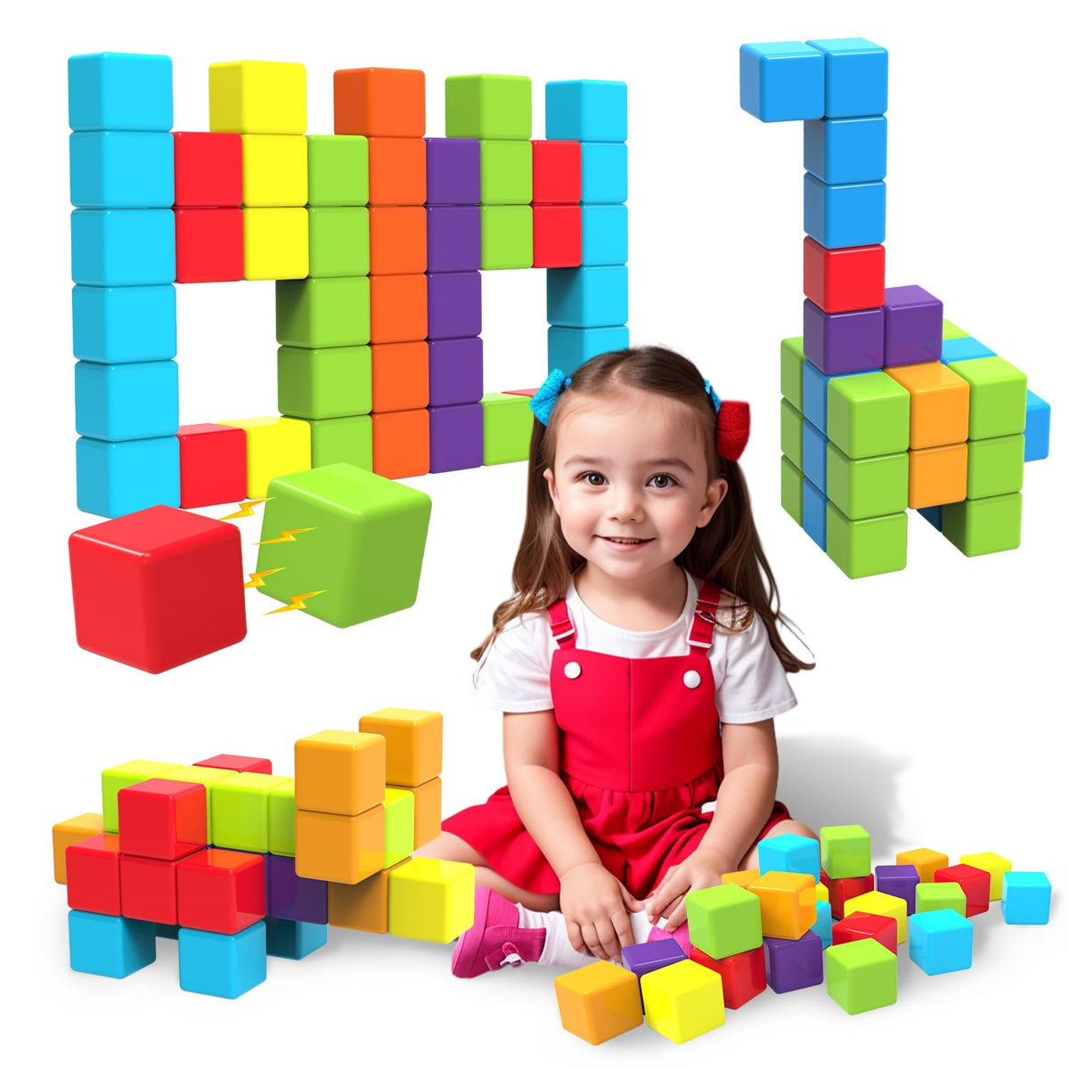 Magnetic Building Blocks, 1.65 inch Large Stacking Cubes for Toddlers