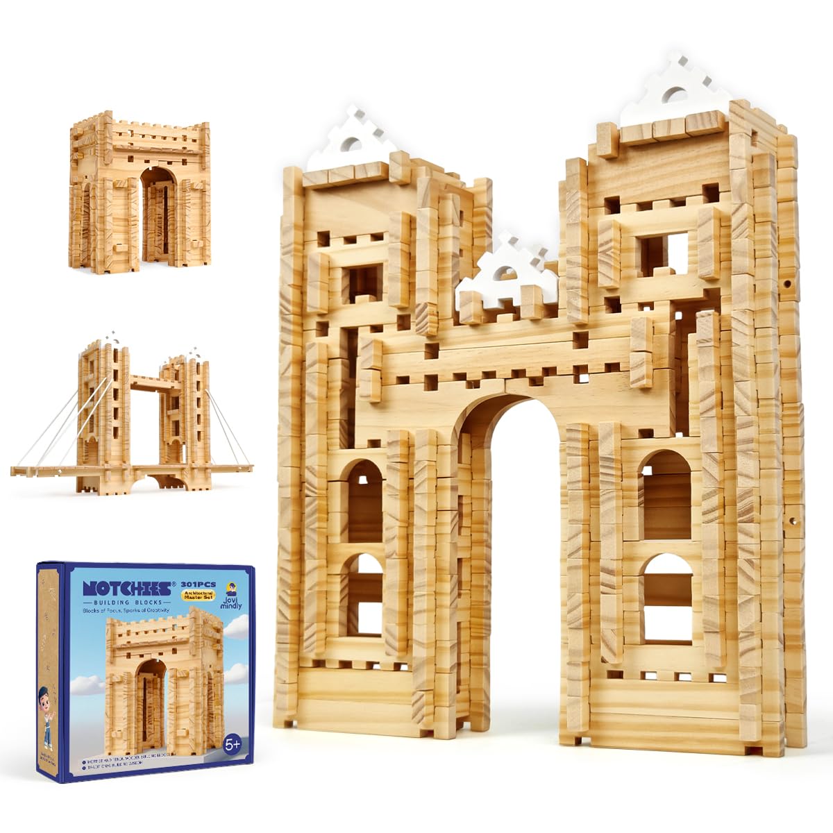 Jovi-Mindly & Notchies 96 PCS Wooden Building Blocks Toy Set for Kids Ages 4+ Boys Girls, Creative Construction Imaginative Cabin House with Storage Bag STEM Educational Learning Toy for Birthday Gift