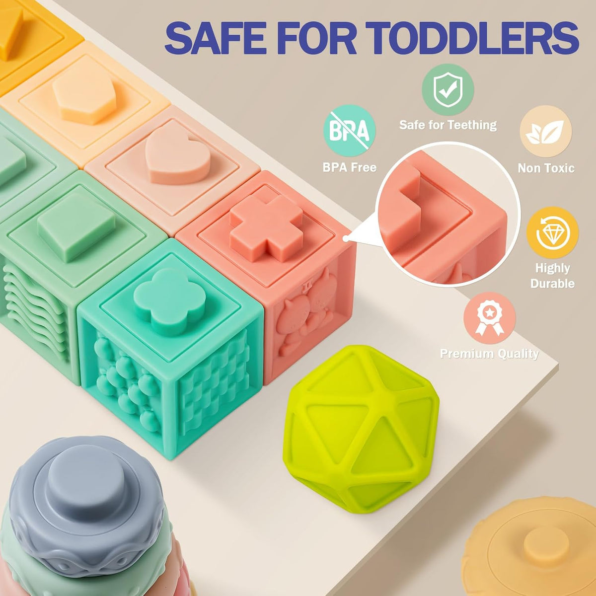 Baby Toys 6 to 12 Months, 5 In 1 Montessori Toys for 1 Year Old, Incl Travel Pull String Toy & Rattle Teether & Stacking Baby Block & Soft Infant Ring & Sensory Ball for Toddler 0-3-6-9-12 Month