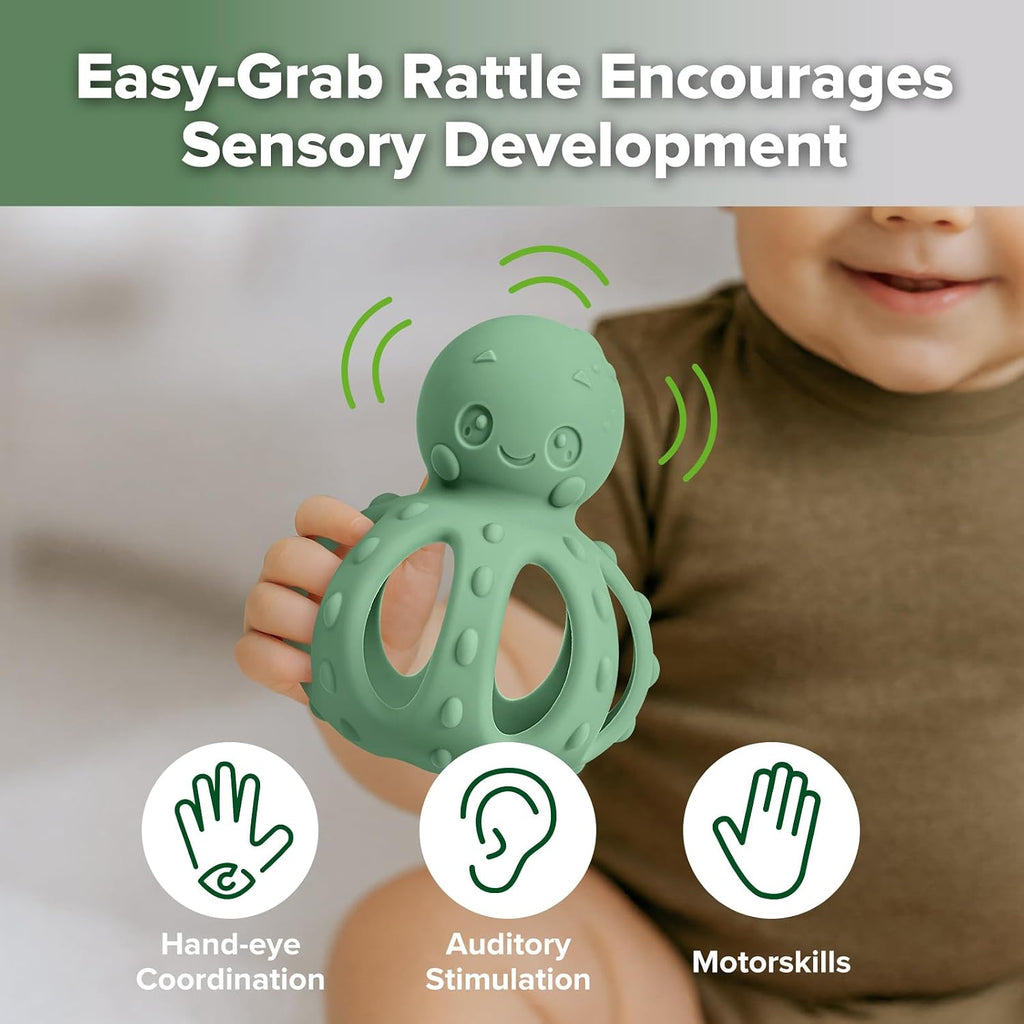 haakaa Octopus Rattle Teether for Babies 3M+, 2-in-1 Baby Teething Toy