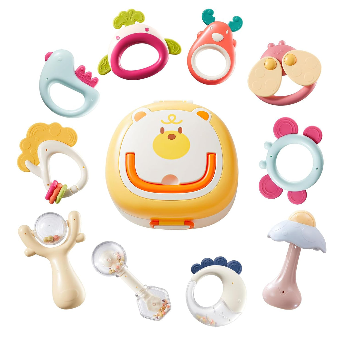 10pcs Baby Rattles & Teethers Set for 0-12 Months, Infant Sensory Toys, Easy Grasp Hand Toys, BPA-Free Teething Toys with Different Shapes, Sounds, Colors & Textures, Newborn Gift with Box