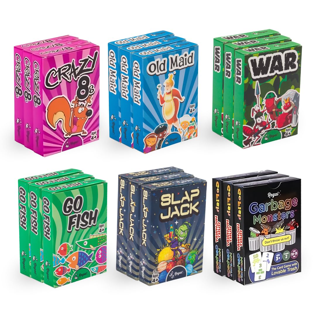 Regal Games Card Games for Kids - Go Fish, Crazy 8's, Old Maid, Slap Jack, Garbage Monster, War - Simple & Fun Classic Family Table Games - Games May Vary (6 Set)