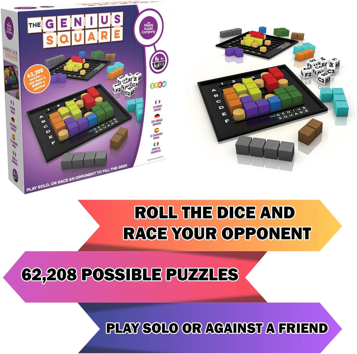 The Genius Square from the Happy Puzzle Company | Game of the Year Award Winner | 60000+ Solutions | STEM Puzzle Game for 1-2 Players | Ages 6 - Adult | Roll the dice and Race to Fill the Grid!