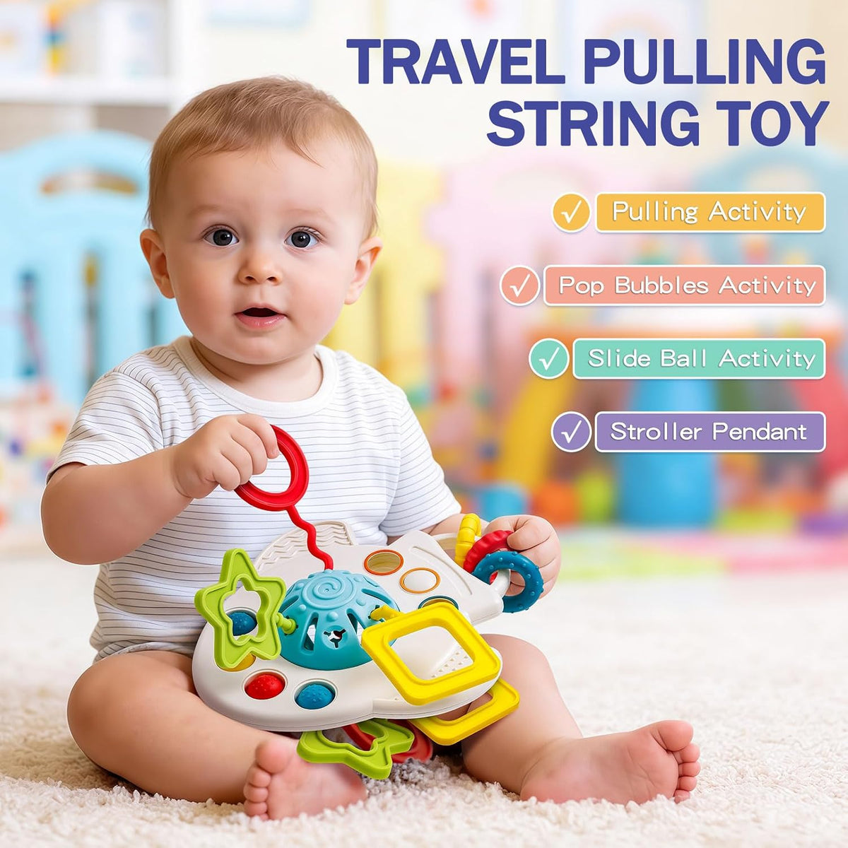 Baby Toys 6 to 12 Months, 5 In 1 Montessori Toys for 1 Year Old, Incl Travel Pull String Toy & Rattle Teether & Stacking Baby Block & Soft Infant Ring & Sensory Ball for Toddler 0-3-6-9-12 Month