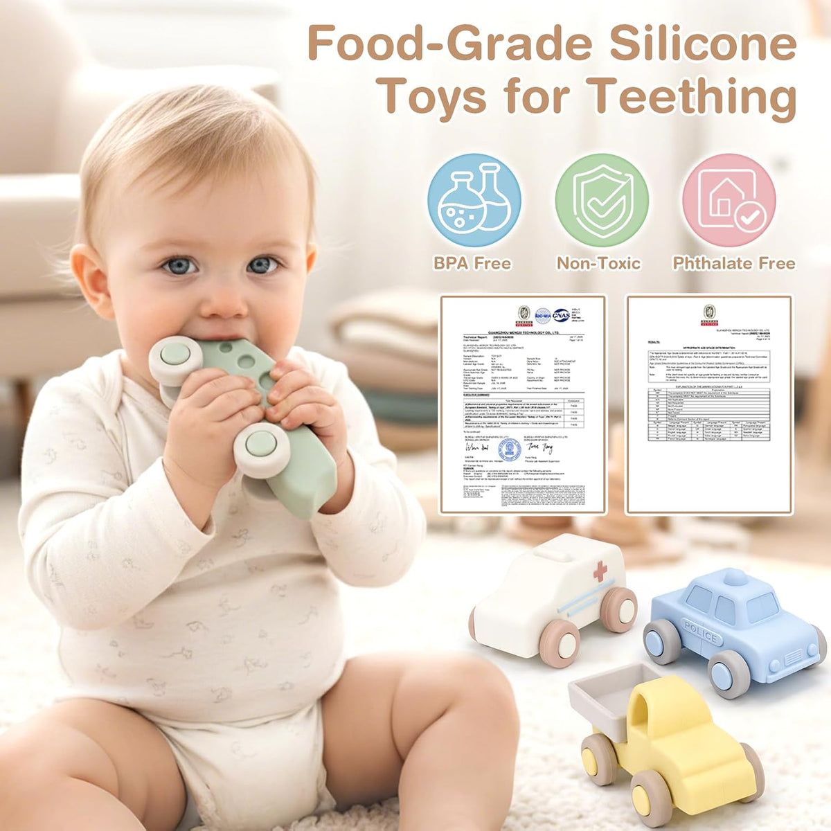 Silicone Baby Car Toys with Storage Box, Push & Pull Baby Toys（4 PCS）
