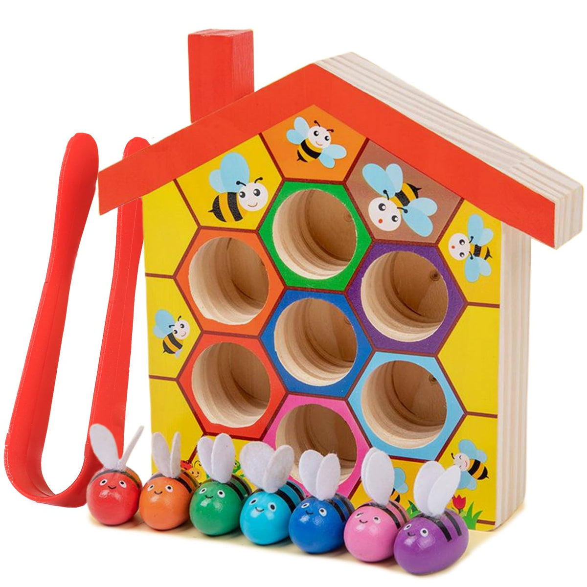 Toddler Fine Motor Skill Toy, Bee to Hive Matching Game, Montessori Wooden Color Sorting Matching Toy, Preschool Educational Learning Toys Gift for Toddler 3 Years Old