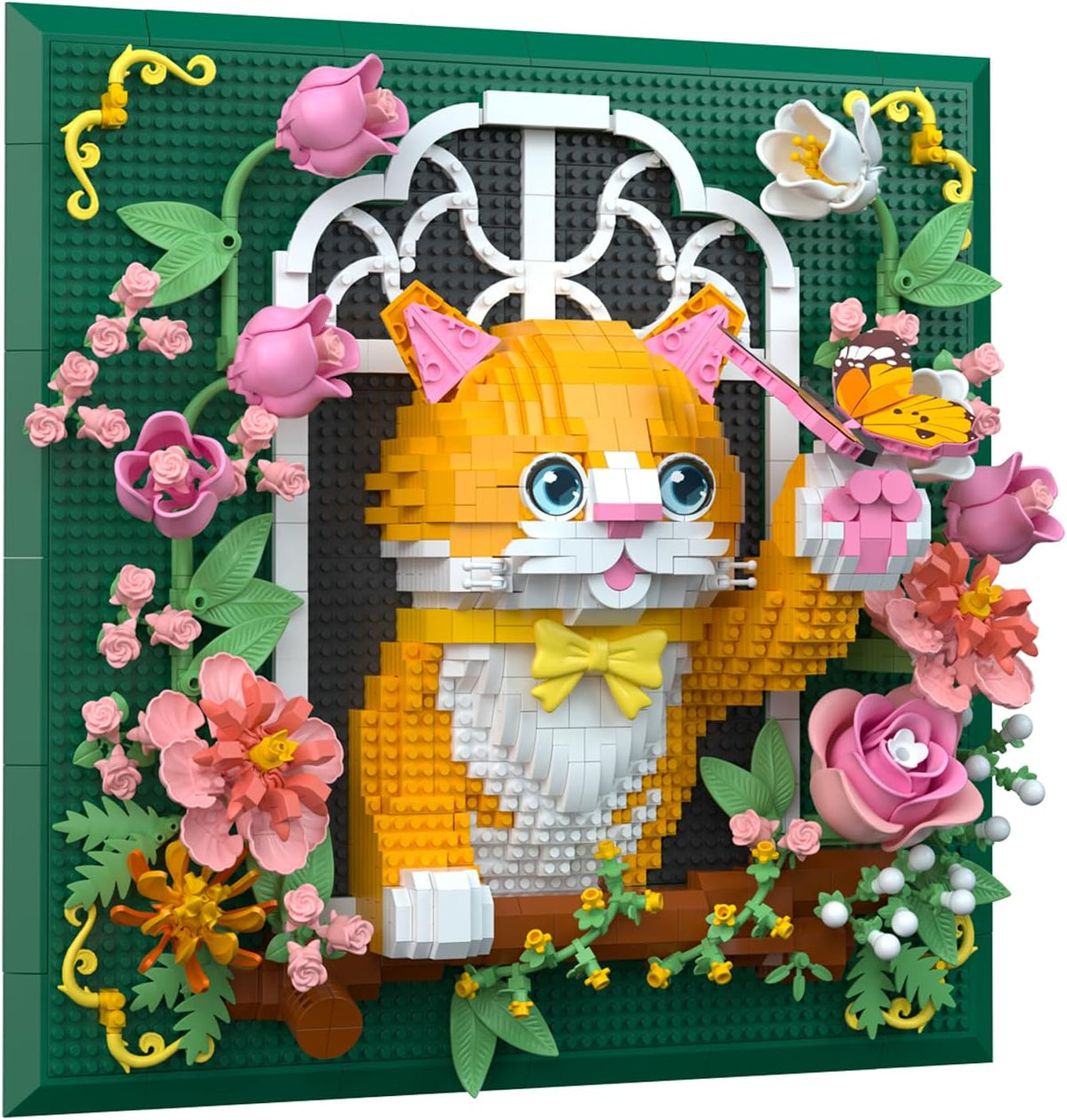 VZO Flower Orange Cat with Butterfly Animal 3D Wall Art Micro Building Set