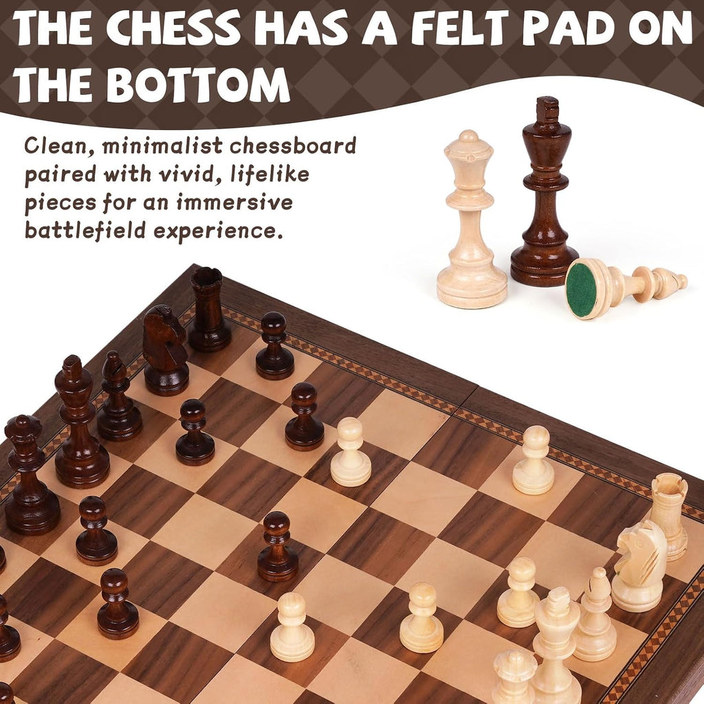 15 Inch Magnetic Chess Set with Wooden Folding Board, Staunton Chess Pieces, 2 Extra Queens Included, Portable Travel Chess Set, Classic Strategy Board Game for Adults (Walnut)