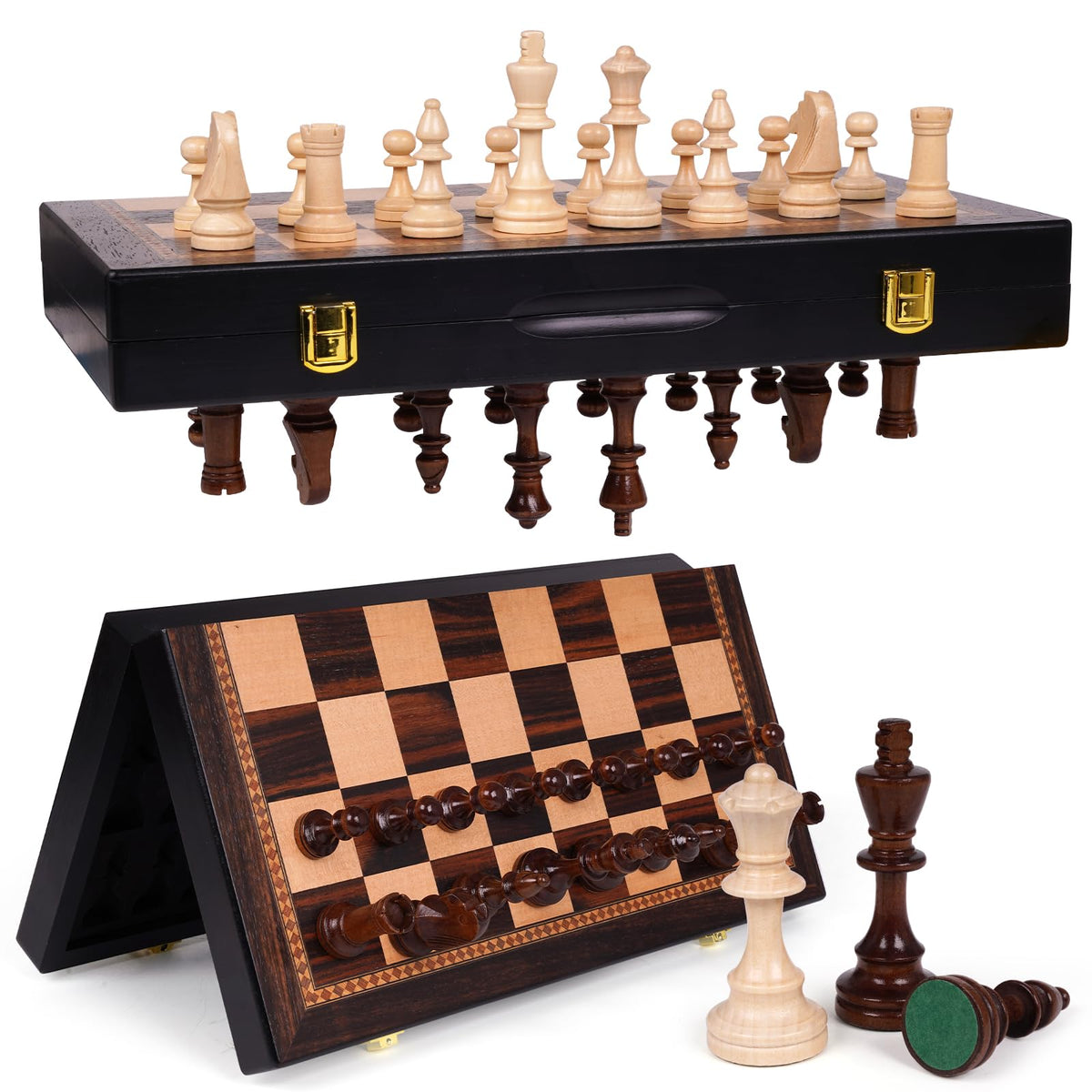 15 Inch Magnetic Chess Set with Wooden Folding Board, Staunton Chess Pieces, 2 Extra Queens Included, Portable Travel Chess Set, Classic Strategy Board Game for Adults (Walnut)