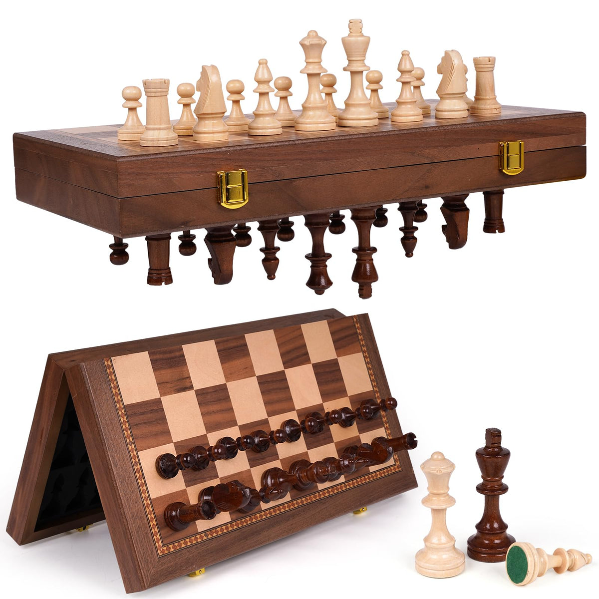 15 Inch Magnetic Chess Set with Wooden Folding Board, Staunton Chess Pieces, 2 Extra Queens Included, Portable Travel Chess Set, Classic Strategy Board Game for Adults (Walnut)